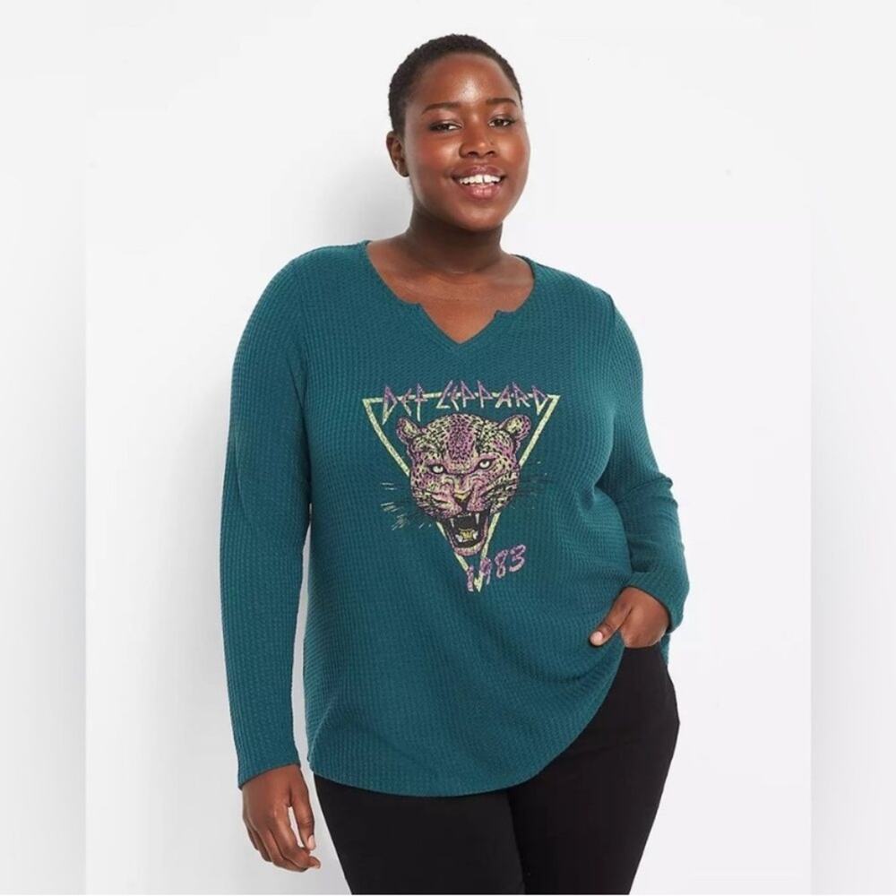 Lane Bryant Def Leppard Long Sleeve Waffle Knit Tee Teal Blue 26/28 New